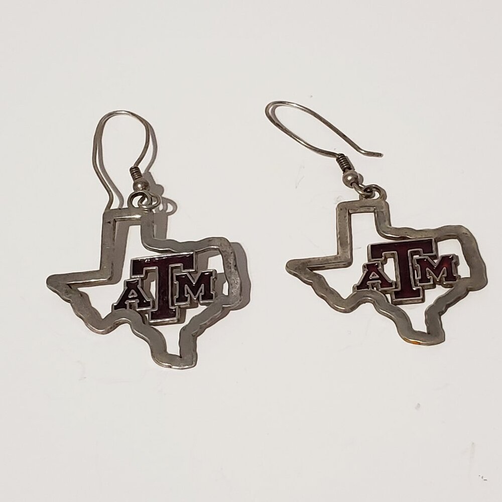 Silver Texas A&M Earrings Pierced French Hook Dangle Drop Aggies TAMU Maroon